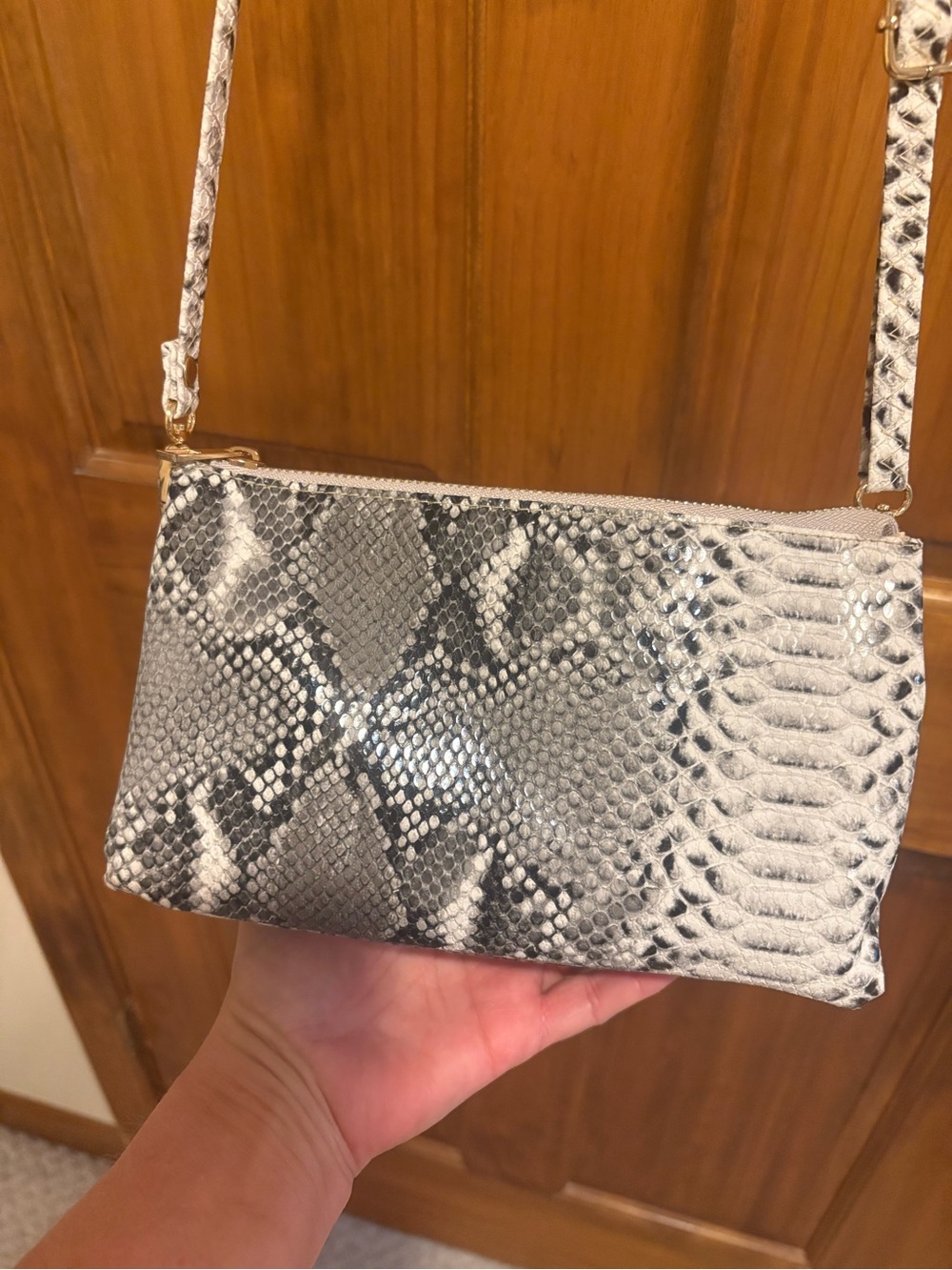 Textured Snake-Print Crossbody Bag in Gray and Black